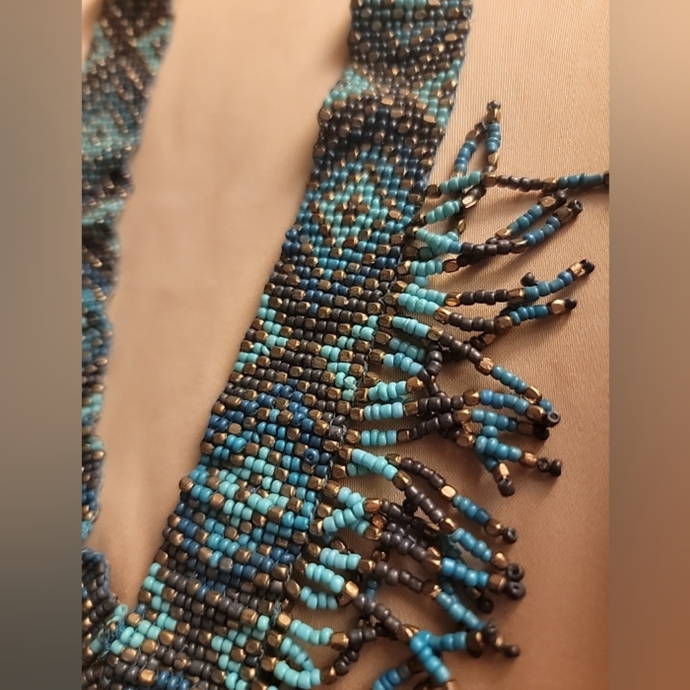Native American Style Woven Turquoise And Bronze Bead Fringe Tribal Necklace - Picture 2 of 10